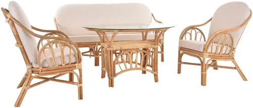 Krines Home Rattangruppe 4-teilig für Wintergarten - Gartenmöbel-Set aus hochwertigem, handgefertigtem Rattan mit einem stilvollen Dreisitzersofa, zwei Sesseln und einem Tisch – ideal für gemütliche Stunden im Wintergarten.