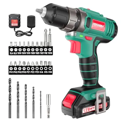 HYCHIKA 12V Akkuschrauber Set – 30Nm Leistung - Akkuschrauber Set mit 1,5 Ah Lithium-Ionen Akku, ideal für vielseitige Anwendungen. Inklusive Bohrer-Bits und Ladegerät – perfekt für Heimwerker!
