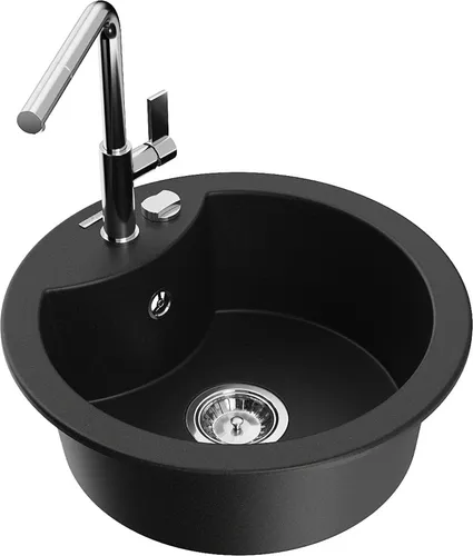 Mexen Diego Granitspüle mit Mischbatterie Flora, Schwarz - Sanitäranlagen & Zubehör – Hochwertige 1-Becken-Granitspüle mit eleganter Chrom-Mischbatterie, ideal für moderne Küchen und pflegeleicht.
