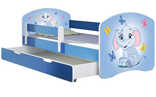 ACMA Jugendbett Kinderbett Junior-Bett Komplett-Set Blau 160x80 mit Matratze und Rausfallschutz - Hochwertiges ACMA Junior-Bett mit bunten Prints, inkl. Matratze und Lattenrost. Der verstellbare Rausfallschutz sorgt für Sicherheit. Ideal für kleine Träumer und Spieler!
