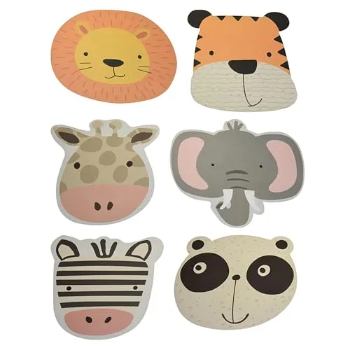 6-teiliges Platzset Kinder Tiermotive – rutschfeste Tischsets aus Kunststoff – Elefant, Löwe, Tiger, Giraffe, Zebra & Panda – Abwaschbar, BPA-frei & kinderfreundlich – Ø 40 cm
