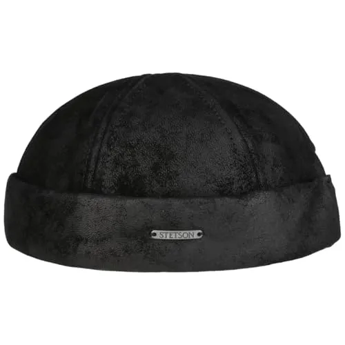 Stetson Pigskin Dockermütze Herren - In der EU gefertigt - Aus 100% Leder - Mit Baumwollfutter - Größenverstellbar durch Klettverschluss - Biker-Mütze - Docker Herbst/Winter schwarz S (54-55 cm)