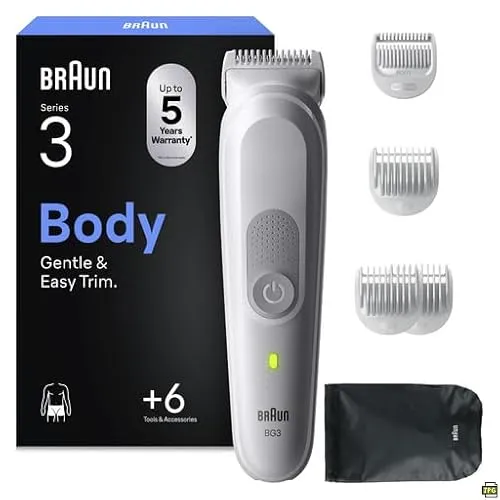 Braun Bodygroomer Series 3 BG3575 – Elektrischer Körperrasierer für Herren - Praktischer Körperrasierer mit 80 Min Akku-Laufzeit und wasserdichtem Design. Ideal für sanftes Trimmen in empfindlichen Bereichen, inklusive 6 Zubehörteilen für individuelle Längeneinstellungen.