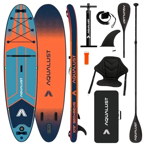 AQUALUST 10.6 iSUP Board Stand Up Paddle Set Surfboard aufblasbar 320cm SUP 150 KG orange (Boardset+Kajakpaddel+Sitz)