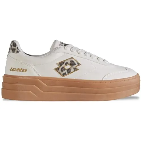 Lotto Damen STACKY AN Women Sneaker, Offwhite/Leo, 39 EU - Damen-Sneaker im angesagten Leo Look mit honigfarbener Plateau-Sohle und goldfarbenen Details, perfekt für stilvolle urbane Outfits.