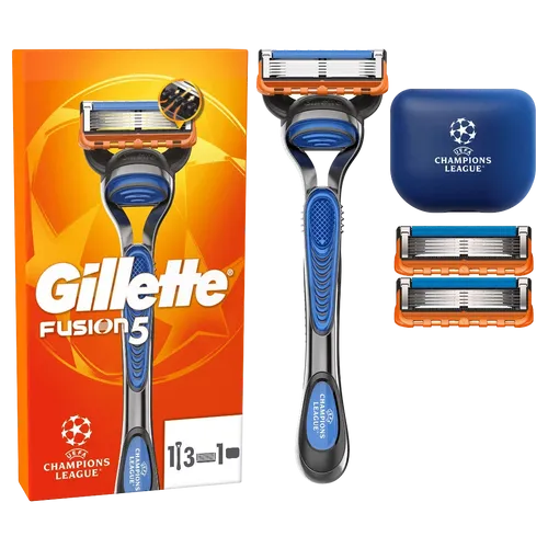 Gillette Fusion5 Systemklingen UEFA Champions League Edition - Rasier-Set für Männer mit 1 Gillette Fusion5 Rasierer, 3 Ersatzklingen und praktischem Reiseetui. Genieße eine präzise Rasur und die besondere UEFA Champions League Edition.