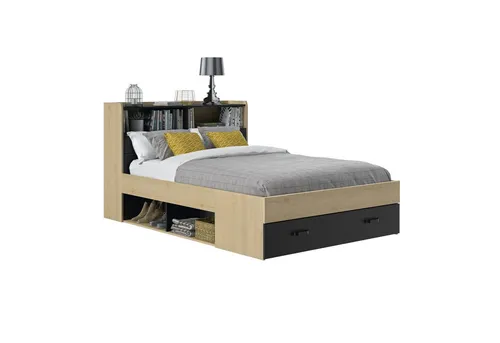 Stauraumbett GAMI "SABIA" – Beige, 145 cm - Betten mit praktischem Stauraum: 2 Nischen, 1 große Schublade und gemütliches Kopfteil bieten viel Platz und Komfort. Hergestellt aus pflegeleichten Spanplatten in natürlicher Kastanienoptik.