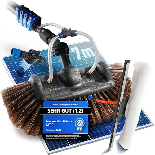 NTG Teleskopwaschbürste Pro - 7m Reichweite mit Fensterabzieher - NTG Teleskopwaschbürste für vielseitige Reinigungsaufgaben. Mit weichen Borsten und Abzieher für streifenfreie Ergebnisse. Ideal für Fenster, Dächer und Solaranlagen. Ergonomischer Griff sorgt für hohen Komfort.