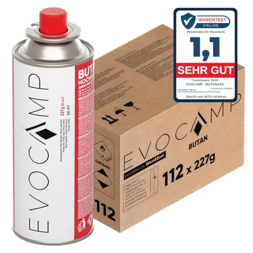 EVOCAMP 112x Stück Butan Gaskartuschen 227g Typ MSF-1a Bajonett Ventil ideal für Campingkocher, Gasheizung, Unkrautbrenner, Camping Gas Butangas Kartusche, Universaldruckgasdose für Camping und BBQ