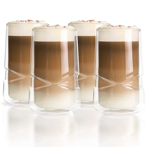 Kemes Doppelwandige Latte Macchiato Gläser 4er Set - 4-tlg. Set von doppelwandigen Thermogläsern für Latte Macchiato, ideal für warme Getränke. Mit 350ml Fassungsvermögen, perfekt für Kaffee und Tee.