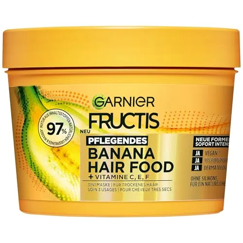 Garnier Fructis Pflegende Bananen Haarmaske, Leave-In für trockenes Haar und mehr Geschmeidigkeit, Anwendung als Spülung, Maske oder Leave-In, Lipidkomplex, Ohne Silikone, Hair Food, 3in1, 400ml