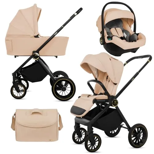 BabyLux® Kinderwagen 3in1 Set ROSSO - Beige, Faltbar und Leicht - Entdecken Sie den BabyLux Rosso 3in1 Kinderwagen: Kombikinderwagen mit Babywanne, Buggy und Babyschale. Perfekt für aktive Eltern, bietet er Komfort und Flexibilität auf jedem Ausflug.