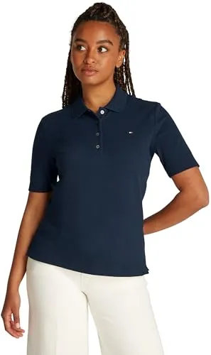 Tommy Hilfiger Damen Poloshirt Kurzarm 1985 Pique Regular Fit, Blau - Elegantes Poloshirt aus Stretch-Baumwolle mit Knopfleiste und Tommy Hilfiger Branding. Ideal für lässige Anlässe.