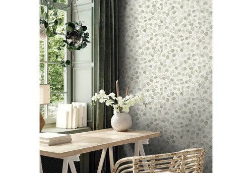 Marburg Vliestapete Ranken Blätter Eukalyptus Textiloptik Beige Grün 81642 - Tapeten mit floralem Eukalyptus-Muster in Textiloptik, bringen mediterrane Leichtigkeit und urbanen Chic in dein Zuhause.