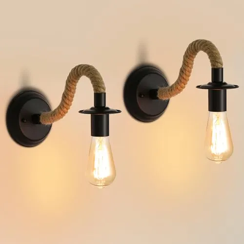 Comely 2 Stück Wandleuchte Retro, Wandlampe aus Hanfseil Schwarz E27, Industrial Wandleuchte Innen für Schlafzimmer, Wohnzimmer, Treppen, Flur (ohne Leuchtmittel)