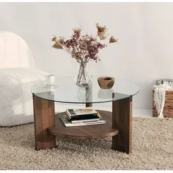 Skye Decor Mondo Couchtisch, Nussbaumfarbe - Eleganter Couchtisch aus 100% getempertem Glas und massivem Holz, ideal für stilvolle Wohnräume. Maße: 40x75x75 cm.