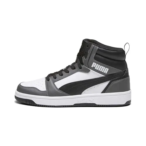 PUMA Rebound V6 Buck Sportschuhe für Erwachsene - Unisex in Weiß/Schwarz/Grau - Herren-Sneaker mit mittlerer Kragenhöhe, weichem Synthetik-Obermaterial und perforierten Details für optimalen Tragekomfort und Stil.