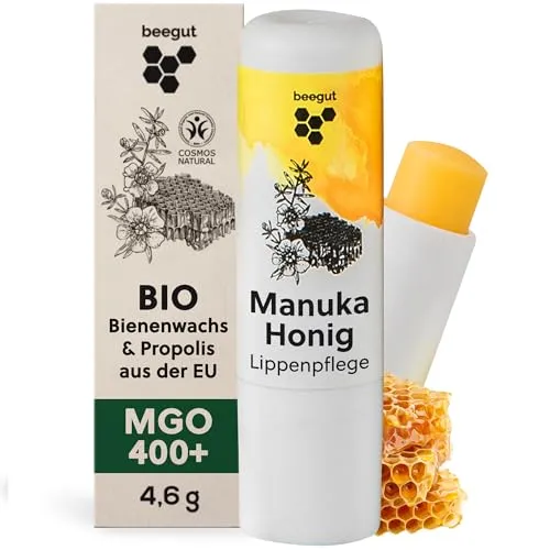 beegut Manuka Lippenpflege – Intensiver Lippenbalsam mit MGO 400+, Propolis & Bienenwachs - Intensive Lippenpflege für sehr trockene Lippen – beegut Lippenbalsam mit Manuka Honig, Propolis & Bienenwachs spendet Feuchtigkeit und schützt. 100 % natürliche Inhaltsstoffe, ideal für geschmeidige und weiche Lippen.