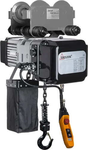 DELTA® Elektrischer Kettenzug Typ DMS mit Handfahrwerk 230V - 0,5t - Effizienter elektrischer Kettenzug mit Handfahrwerk und stabilen Stützrädern für sicheres Fahren. Ideal für den Einsatz an I- und H-Trägerprofilen, sorgt für müheloses Heben und Senken von Lasten.