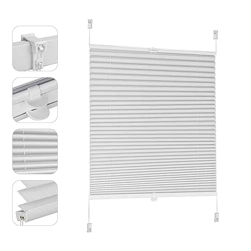 Sekey Plissee ohne Bohren Verdunkelung, Fenster Plissee Klemmfix Jalousie 85 cm breit, Verspannt Blickdicht Sonnenschutz Fensterollo, 85x120cm, Weiß