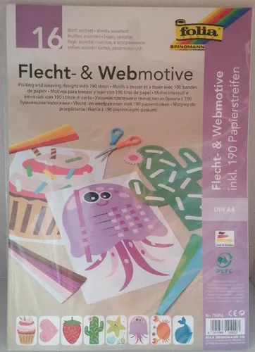 Folia Bastelset 70252 Flecht- und Webmotive, 16 Bögen und 190 Streifen - Kreatives Bastelset mit lustigen Tier- und Pflanzenmotiven. Fördert Konzentration und Feinmotorik. Ideal für Kinder, Made in Germany.