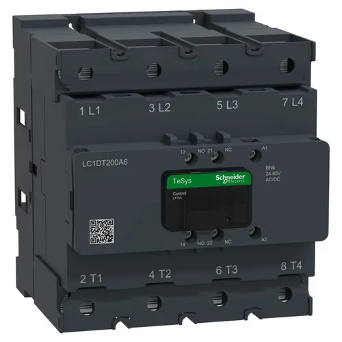 Schneider Electric Schütz 4P 200A AC1 LC1DT200A6BNE - Zuverlässiger 4-poliger Schütz mit 200A Nennstrom für vielseitigen Einsatz in elektrischen Steuerungen. Ideal für professionelle Anwendungen und hohe Belastungen.