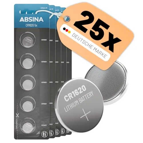 ABSINA CR1620 3V Lithium Knopfzelle 25er Pack - CR 1620 Knopfbatterie auslaufsicher & Lange Haltbarkeit - CR 1620 Knopfzelle für Autoschlüssel, Uhr und vieles mehr - CR1620 3 Volt Batterien