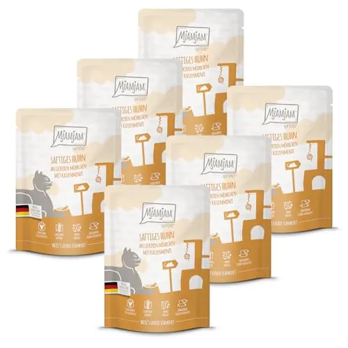 MjAMjAM - Premium Nassfutter für Katzen - Quetschie - saftiges Huhn an leckeren Möhrchen, 6er Pack (6 x 300 g), getreidefrei mit extra viel Fleisch
