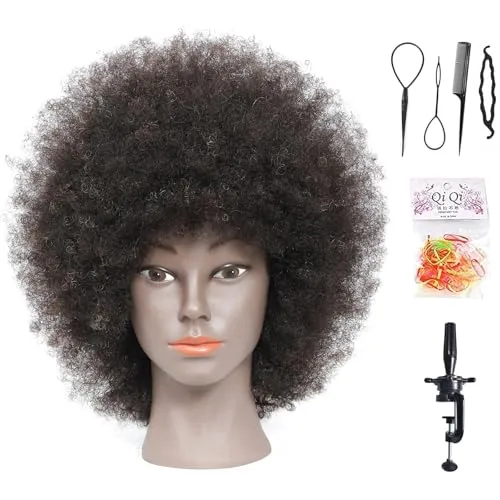 Afro-Mannequin-Kopf aus 100% Echthaar, Friseur-Trainingskopf für Kosmetologie, Puppenkopf (Tischklemme im Lieferumfang enthalten) (natürliche Farbe)