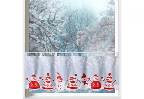heimtexland Scheibengardine Weihnachten Deko Gardine Bistro Weihnachtsgardine (1 St), Schlaufen, blickdicht, Satin, 45x120 cm I Stickerei Bordüre rot I Fensterdeko Schneemann