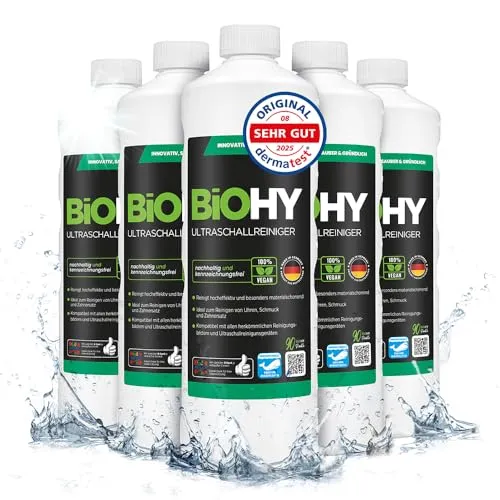 BiOHY Ultraschallreiniger (6 x 1 Liter) | Materialschonende Reinigung für Schmuck, Münzen und mehr - Effektiver Ultraschallreiniger für die schonende Reinigung von Uhren, Zahnersatz und Schmuck. Ideal für alle Ultraschallgeräte, sorgt für strahlenden Glanz ohne aggressive Inhaltsstoffe.