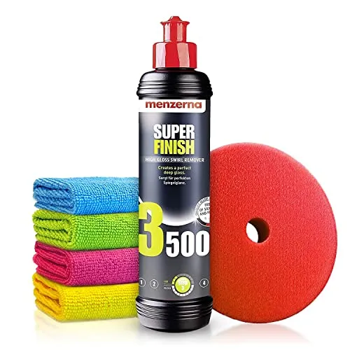 Autopolitur Set: Menzerna Super Finish 3500 Hochglanzpolitur (250ml) - Sorgt für perfekten Spiegelglanz - Exzenter oder Rotation - Auto polieren, Politur, Glanzpolitur, SF3500, Glanzbooster | 6-teilig