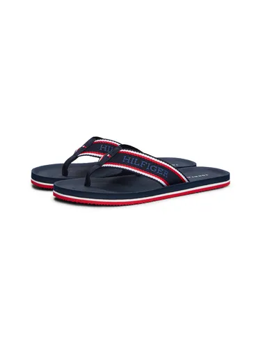 Zehentrenner TOMMY HILFIGER "COMFORT HILFIGER BEACH SANDAL", Herren, Gr. 39, bunt (dunkelblau, weiß, rot), Textil, casual, Schuhe, Sommerschuh, Strandschuh mit plakativem Logo-Schriftzug