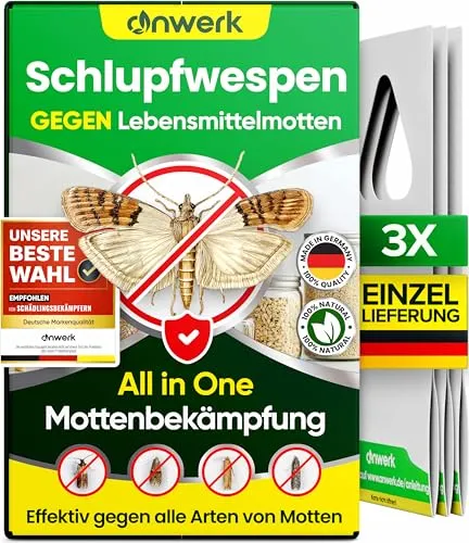 anwerk® Schlupfwespen gegen Lebensmittelmotten - 3 Karten à 1 Lieferung - Effektiv Lebensmittel Motten bekämpfen - Alternative zur Mottenfalle, Mottenspray, Pheromonfalle (3X Karten à 1 Lieferung)