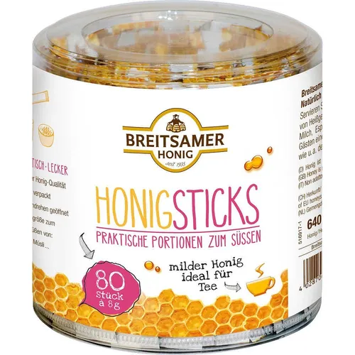 Breitsamer Honig Sticks 80 x 8g - Brotaufstriche: Glutenfreie Honig Portionssticks für süße Akzente im Tee oder Joghurt, ideal zum Mitnehmen.
