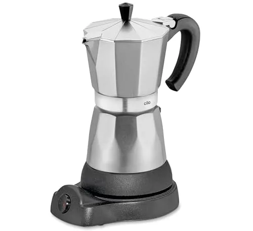 cilio Espressokocher CLASSICO für 6 Tassen - Elektrisch mit Warmhaltefunktion - Espressokocher für 6 Tassen, elektrisch mit 480W und integrierter Herdplatte. Ideal für Reisen oder Camping, genießen Sie aromatischen Espresso jederzeit.