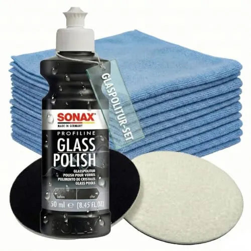 Glaspoliturset bestehend aus einer SONAX 250ml Glass Polish + 2 Stück Flexipads Ø75mm Glas-Polierpads + 20 Stück Craft-Equip Microfasertücher BLAU