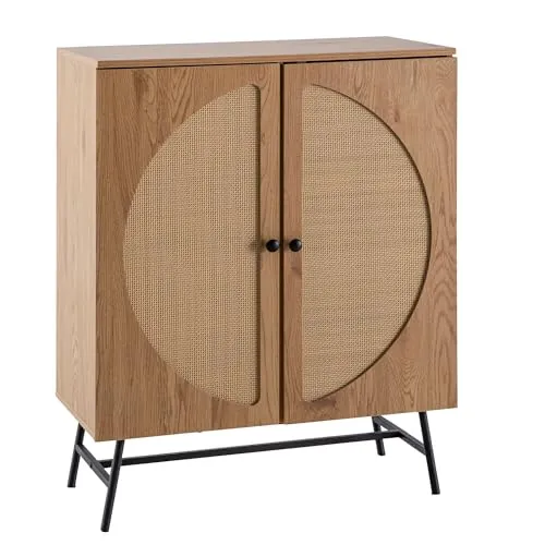FINEBUY Sideboard FB104655 – Stilvolle Anrichte mit Rattangeflecht - Elegantes Sideboard in Eiche-Dekor mit sechs Türfächern für viel Stauraum. Ideal für Wohnzimmer oder Küche, bietet verstellbare Einlegeböden und schützt den Boden mit Anti-Rutsch-Noppen.