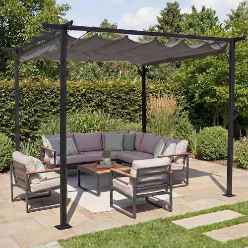Pergola HWC-C42 - Stabiler Garten Pavillon mit Schiebedach 3x3m grau - Pavillons mit UV-Schutz UV50+, variabler Schattenspender und hochwertiger Verarbeitung für angenehmen Schatten auf Terrasse oder im Garten.