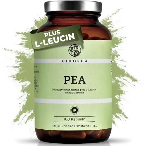 QIDOSHA® Palmitoylethanolamid PEA Kapseln hochdosiert - Pflanzliches Ergänzungsmittel Tragant, 1200mg PEA pro Tagesportion für optimale Bioverfügbarkeit, laborgeprüft und vegan, in lichtgeschütztem Apothekerglas ohne Plastikverpackung.