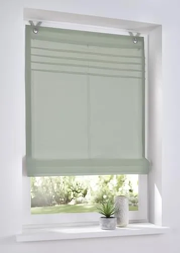 Kutti Ösenrollo Kessy Biese Salbei 45x140 cm – halbtransparent und ohne Bohren - Das Ösenrollo Kessy Biese ist ideal für eine schnelle Montage ohne Bohren. Der lichtdurchlässige Stoff sorgt für eine angenehme Atmosphäre in jedem Raum. Komplett mit Zubehör für eine einfache Installation.