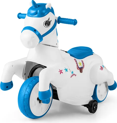 COSTWAY Elektro Motorrad, Elektromotorrad 2 Modi 3km/h, Schaukelpferd mit Musik, LED & Stützrädern, Elektro Fahrzeug für Kinder ab 3 Jahren Blau