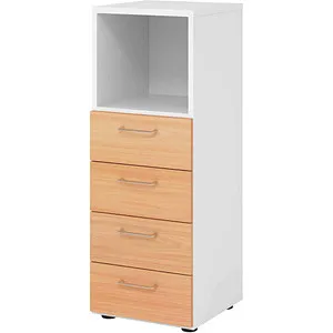 Hammerbacher Regal 3OH mit 4 Schüben - Büroschrank in Weiß/Buche, ideal für Ordnung am Arbeitsplatz mit 4 höhenverstellbaren Schubkästen und modernem Design.