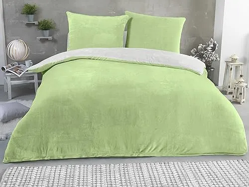 MALIKA Winter Plüsch Wendebettwäsche Nicky-Teddy 'Cashmere Touch' 200x200 cm Beige-Grün - Kuschelige Wendebettwäsche in Hochflor-Flausch, ideal für kalte Nächte. In verschiedenen Größen erhältlich, pflegeleicht und trocknergeeignet, sorgt für warmen Schlafkomfort.