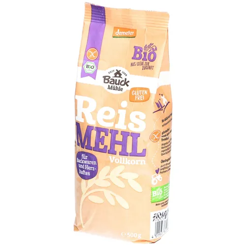 Bauckhof Reismehl Vollkorn Demeter (500g) - Vollkorn Reismehl von Bauckhof, ideal für glutenfreie Backwaren wie Kuchen und Muffins. Hochwertige Zutaten für kreative Küchenideen!