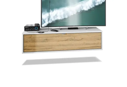 Vladon Lowboard Lana 1200 - TV-Kommode in Weiß matt/Eiche Natur - Das hängende Lowboard Lana 1200 vereint zeitloses Design und praktischen Stauraum. Ideal für jeden Raum, bietet es drei Fächer hinter einer Klappe und ist einfach zu montieren.