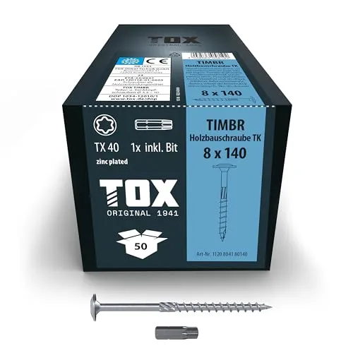 TOX Holzbauschrauben TIMBR TK 8,0 x 140 mm - Hochwertige Tellerkopfschrauben für den Holzbau - Holzschrauben für professionelle Montagen, mit Kerbbohrspitze für schnelles Eindrehen und hohe Tragfähigkeit. 50 Stück im Karton, inkl. passendem TX40 Bit.
