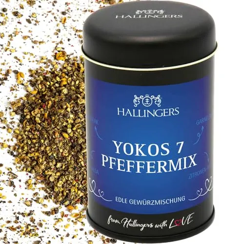 Hallingers Yokos Sieben Pfeffermix - Premium Pfeffer für Pfeffersauce, Pilze & Rinderfilet (Dose) - Geschenk im Sommer & als perfektes Grillgeschenk | Neues Zuhause Ruhestand Genesung