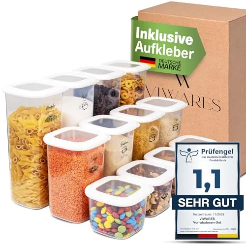 Viwares Vorratsdosen-Set Mix Weiß 12er - Vorratsdosen, BPA-frei und luftdicht, ideal für die trockene Lagerung von Lebensmitteln. Stapelbar für optimale Raumausnutzung und einfach zu reinigen.