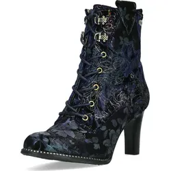 Laura Vita Stiefelette Veloursleder/Textil - Modische Wanderschuhe mit einzigartigem Design, Blumenapplikationen und seitlichem Reißverschluss für einfaches Anziehen und optimalen Halt.